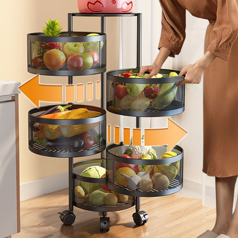 Rotating multi-tier kitchen storage rack with mesh baskets, ideal for organizing fruits and vegetables. Easily accessible with 360-degree rotation and smooth rolling wheels. Perfect for space-saving storage in kitchens or living rooms. Suitable for bulk wholesale direct from China.