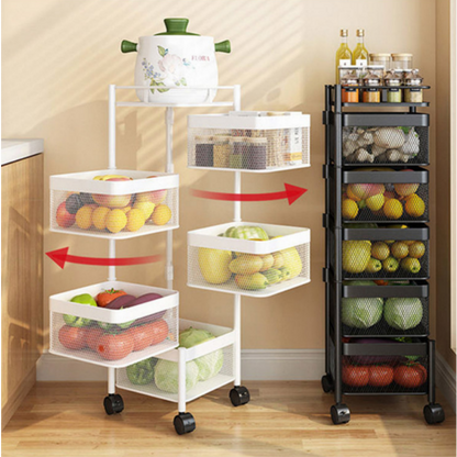 Multi-function storage carts for fruits and vegetables in a kitchen setting, featuring mesh baskets for ventilation. Mobile racks facilitate easy organization. Suitable for wholesale purchases from a Chinese manufacturer, ideal for kitchens, cafes, and homes.