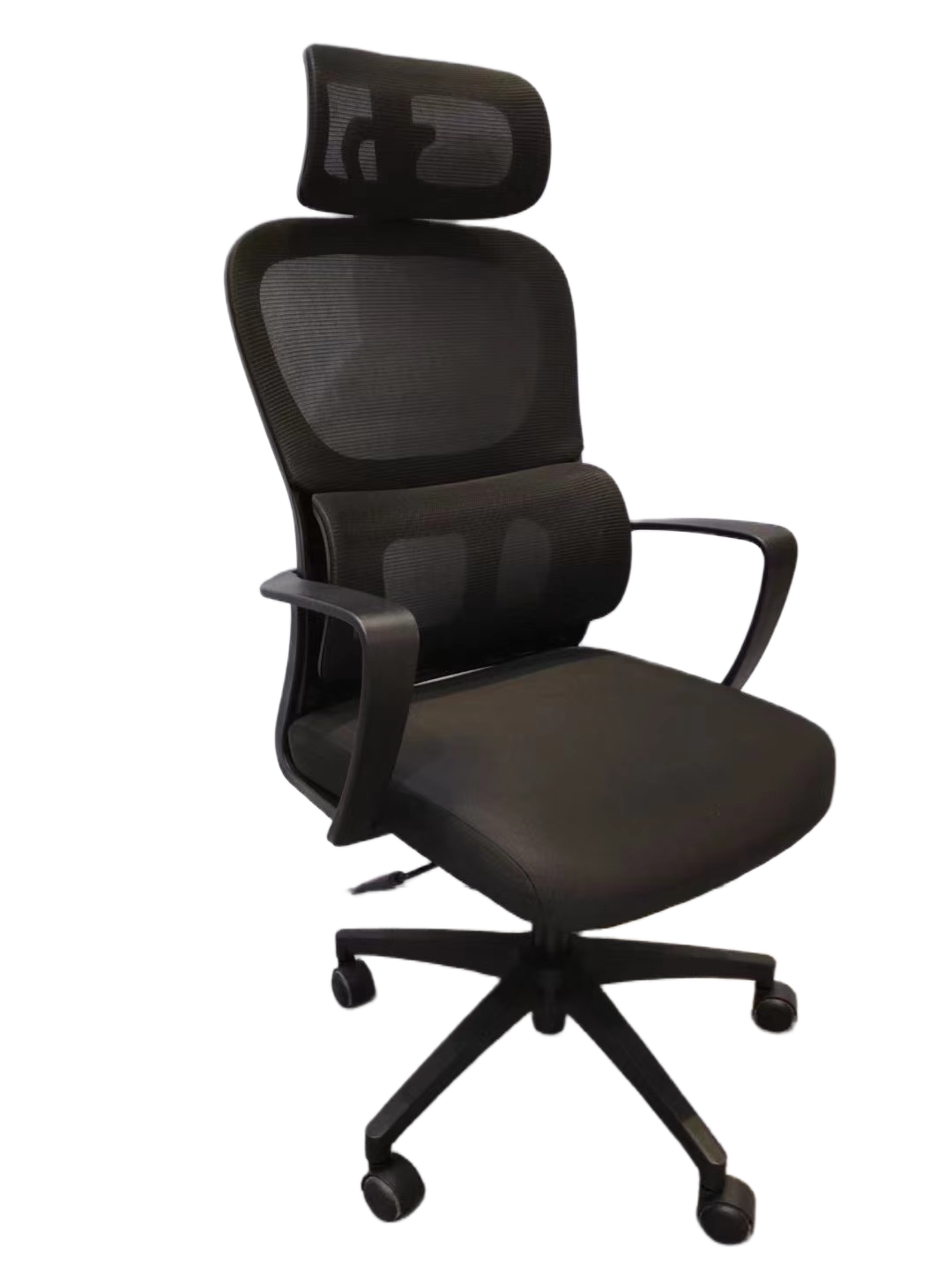 High-back ergonomic office chair with adjustable headrest, lumbar support, mesh design, and swivel base for professional or home office use. Ideal for wholesale and bulk purchase from China. Perfect for creating comfortable workspaces.