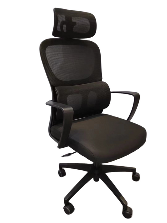 High-back ergonomic office chair with adjustable headrest, lumbar support, mesh design, and swivel base for professional or home office use. Ideal for wholesale and bulk purchase from China. Perfect for creating comfortable workspaces.