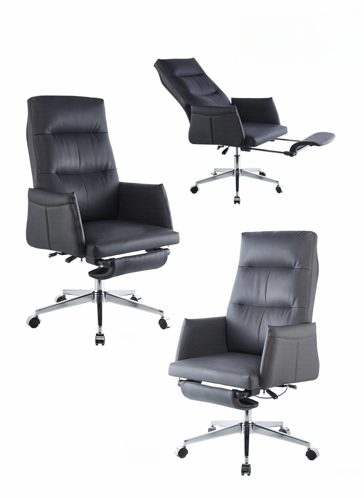 High-back leather executive office chair with ergonomic design, adjustable armrests, and reclining features. Ideal for office spaces and available for bulk wholesale from China.