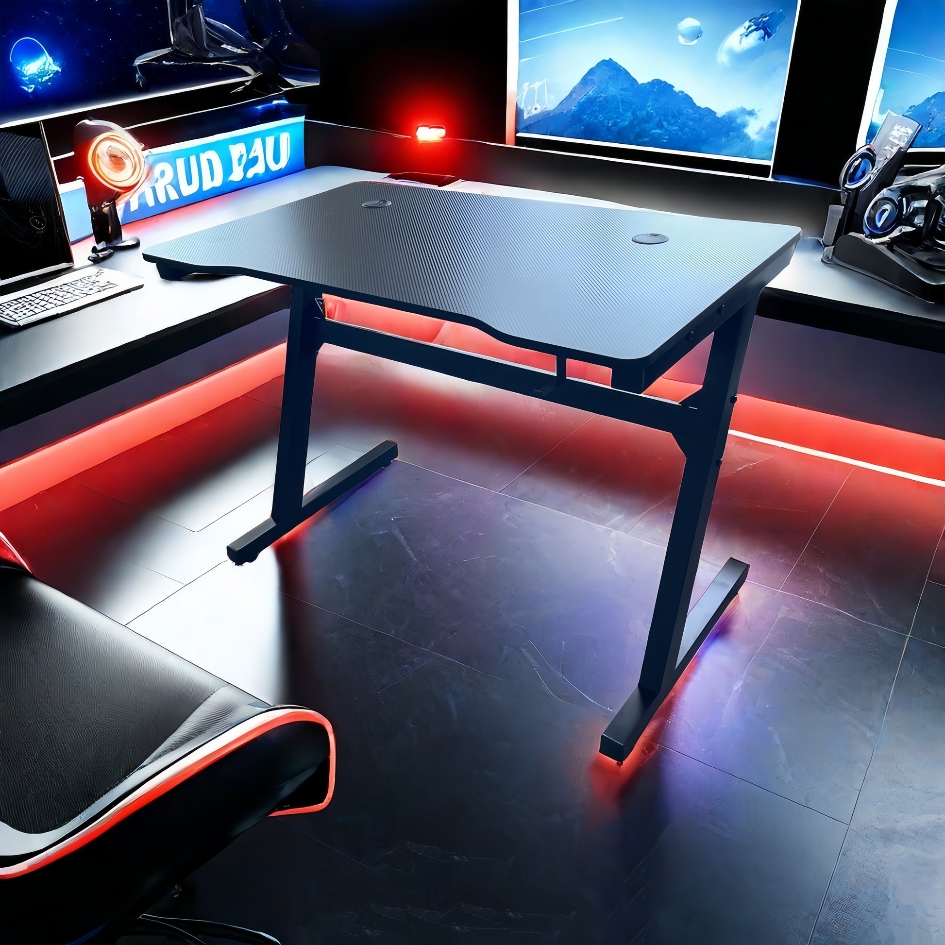 Modern gaming desk setup with a sleek carbon fiber surface, accompanied by a leather chair. Ideal for professional workspaces, home offices, or gaming environments. Highlights a stylish, organized design with convenient features like integrated headphone hooks. Perfect for bulk wholesale from a Chinese manufacturer for resellers and businesses.