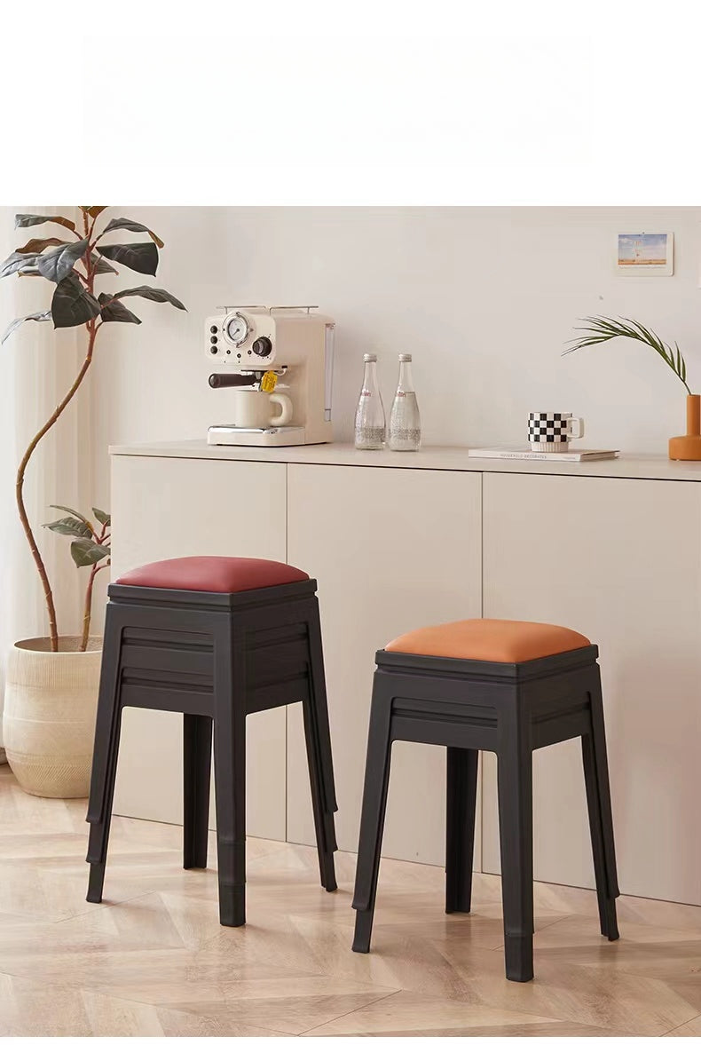 Stackable modern stools with cushioned seats, suitable for dining rooms, cafes, kitchen islands, or commercial spaces. Ideal for wholesale buyers directly sourcing from China.