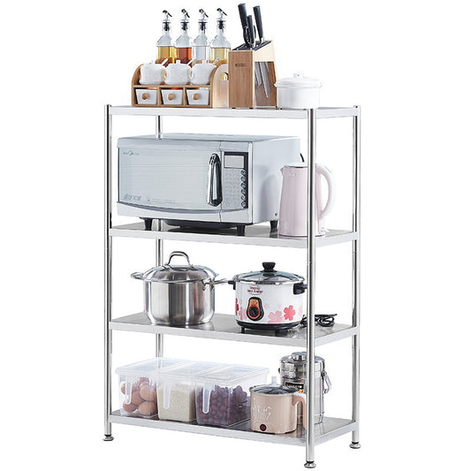 Kitchen storage rack holding appliances and containers, ideal for homes or businesses. Versatile shelving for bulk purchases from Chinese wholesale supplier, perfect for optimizing kitchen or workspace organization.