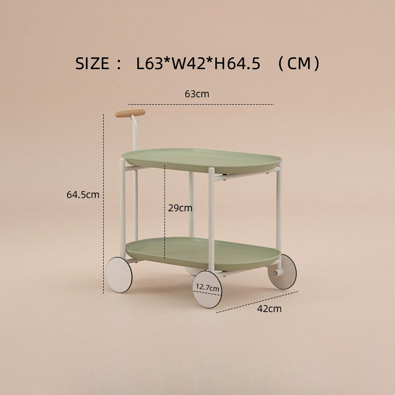 Movable two-tier side table with wheels, suitable for living rooms and offices, ideal for storing or displaying items. Perfect for wholesale buyers seeking multifunctional furniture directly from a Chinese manufacturer.