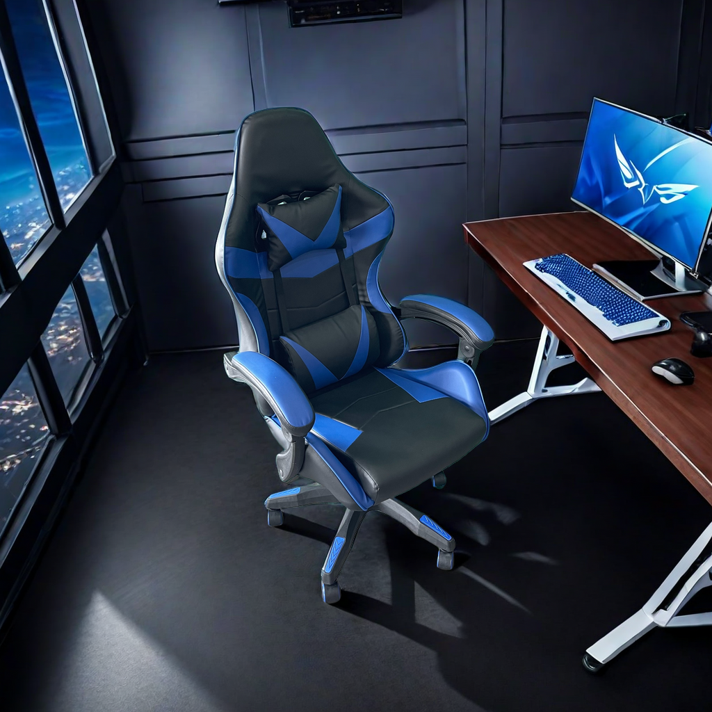 Ergonomic gaming chair with headrest and lumbar support, suitable for office and home use, offering adjustable height, reclining angle, and 360° swivel functionality. Ideal for bulk buyers and resellers looking for office and gaming setups directly from Chinese manufacturers.