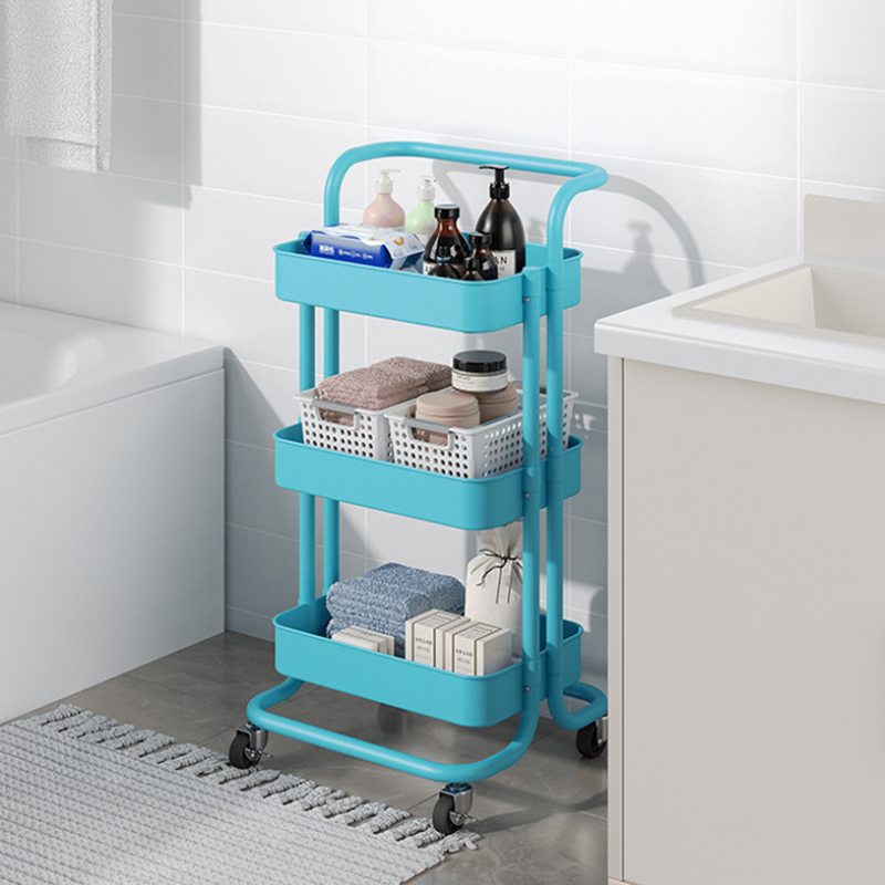 Rolling storage cart with multiple shelves for organized bathroom use, ideal for wholesale buyers seeking versatile, bulk order options from China.