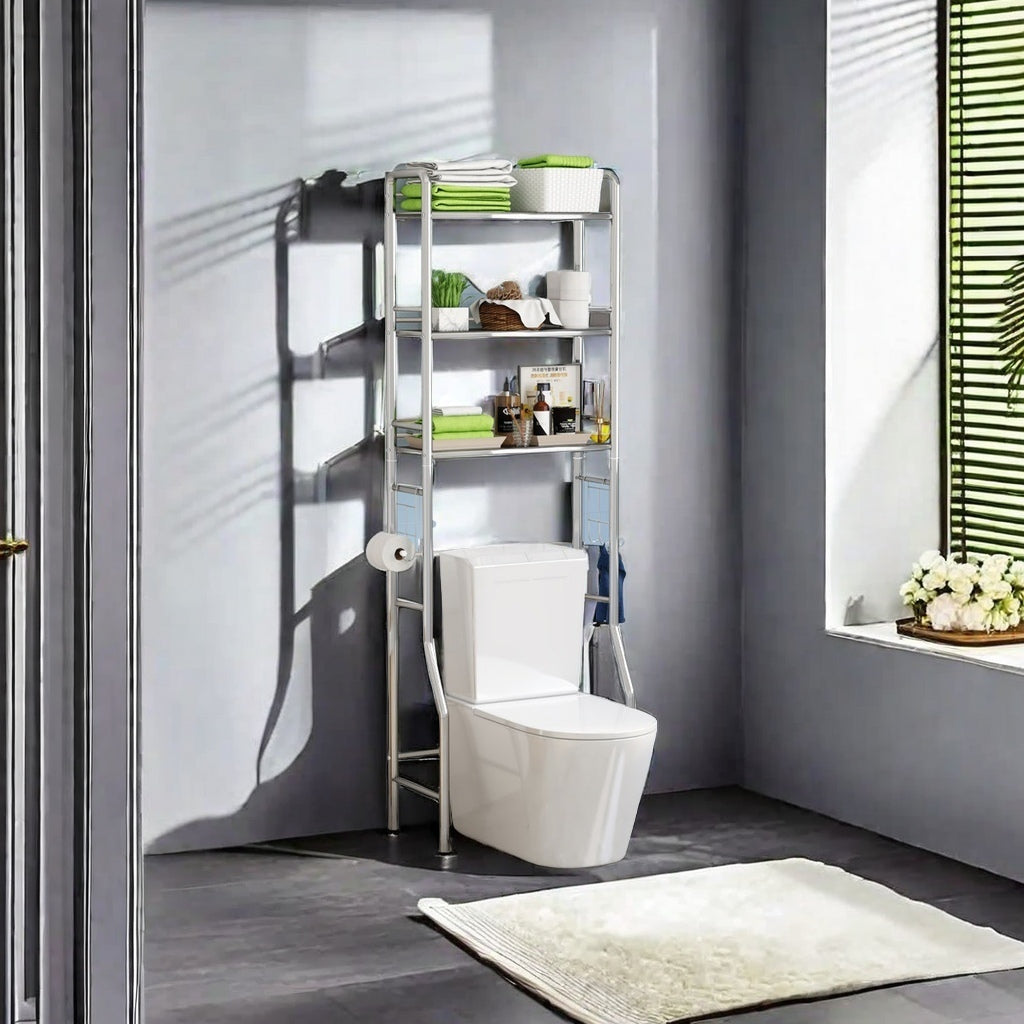 Over-the-toilet storage rack in use, displaying organized bathroom essentials on multiple tiers, ideal for space-saving in compact bathrooms. Directly available for wholesale from China.