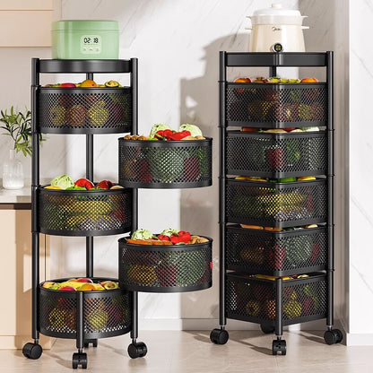 Rotating storage shelf and multi-tier rolling cart for kitchen and home organization, perfect for storing fruits and vegetables. Ideal for wholesale buyers sourcing directly from China.