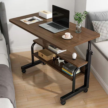 Adjustable overbed rolling table with shelves next to sofa, ideal for home office or living room use, showcasing versatile mobile workspace. Perfect for bulk wholesale purchase from China.