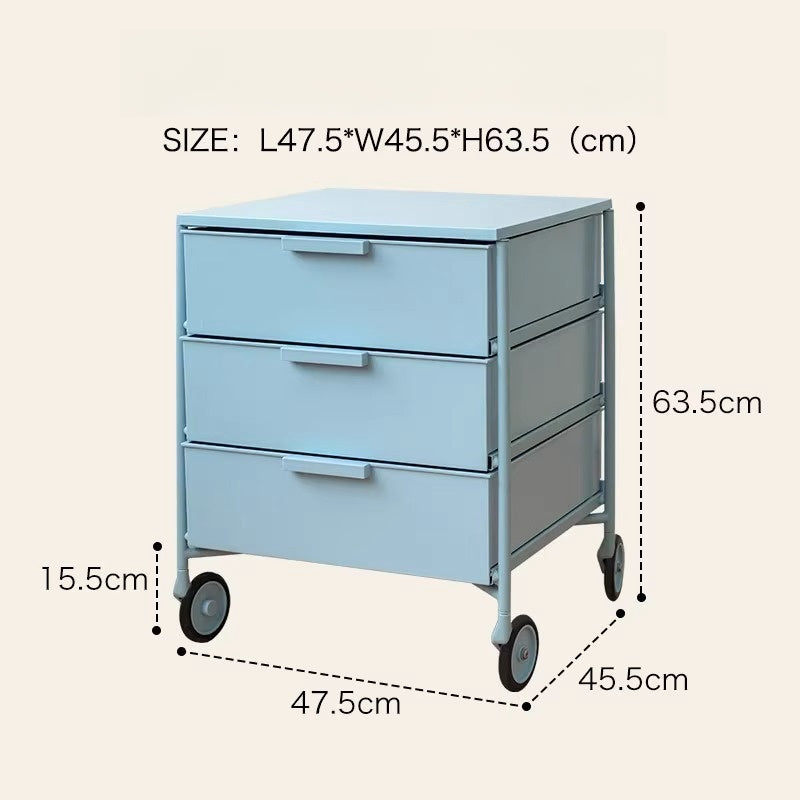 Rolling storage cabinet with three large drawers and retro-style handles, ideal for flexible use as a bedside table, office storage, or living room organizer. Features smooth-rolling wheels for easy mobility. Wholesale from China, customizable sizes and packaging available.