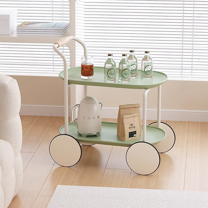 Modern minimalist two-tier trolley with wheels, ideal for use as a coffee cart or side table in living rooms or balconies. Convenient for serving drinks or organizing items. Suitable for direct wholesale purchase from China.